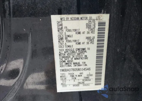 2005 Nissan Titan Se из США, поврежденный, VIN 1N6BA07B05N554546